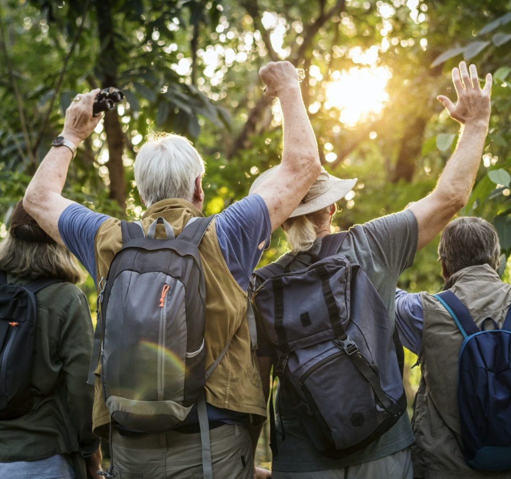 Group of senior adults trekking in the forest
